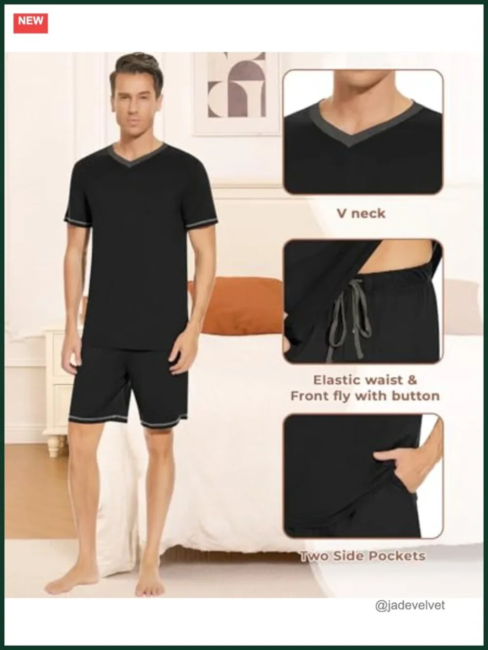 Viscose Bamboo Men's Pajama Set Short Sleeve with Shorts V Neck Loungewear